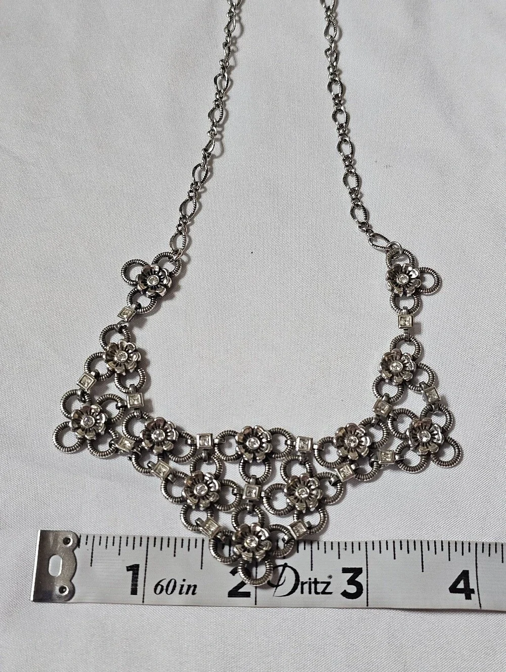 Brighton Joan of Arc Flower Crystal Bib Statement Necklace Silver Tone